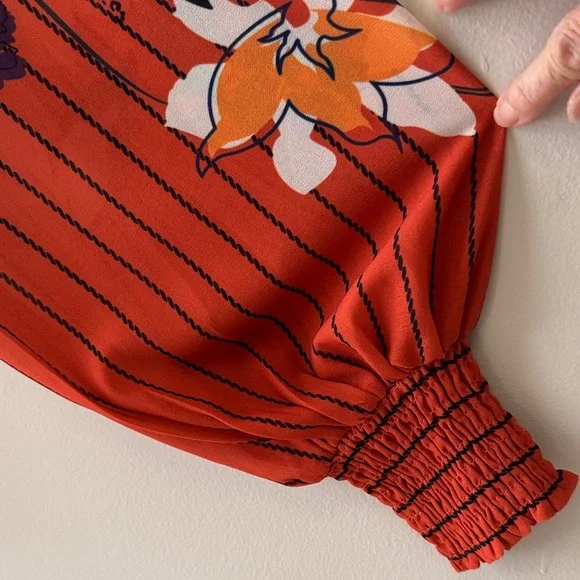 Floral multi color blouse with Bow Tie & Smocked Cuff - Picture 4 of 10